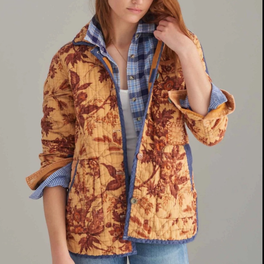 NWT Anthropologie Abigail Mustard and Denim Quilted Shirt Jacket - Picture 2 of 12